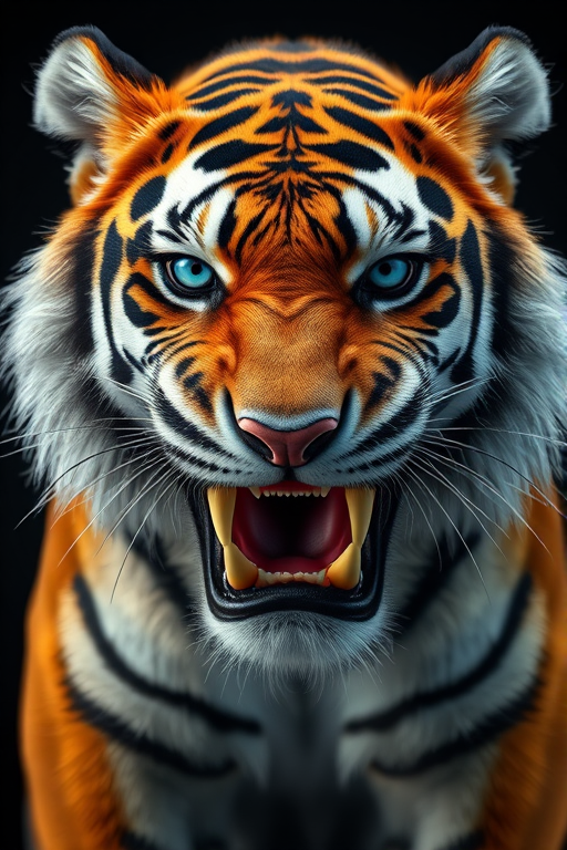 Create a highly detailed 3D render of a saber-toothed tiger with vibrant fur texture, piercing blue eyes, and pronounced fangs, shot with a 50mm lens at f/1.8 aperture in a three-quarter view, using a Canon EOS 5D Mark IV in studio lighting for optimal clarity and depth.