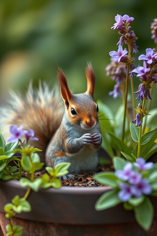 Capture a close-up shot of a squirrel in a flower pot surrounded by vibrant green plants and blooming purple flowers using a DSLR camera with a 50mm lens, aperture set to f/2.8 for a blurred background, ISO 200 for clarity, and soft natural lighting for enhanced detail.