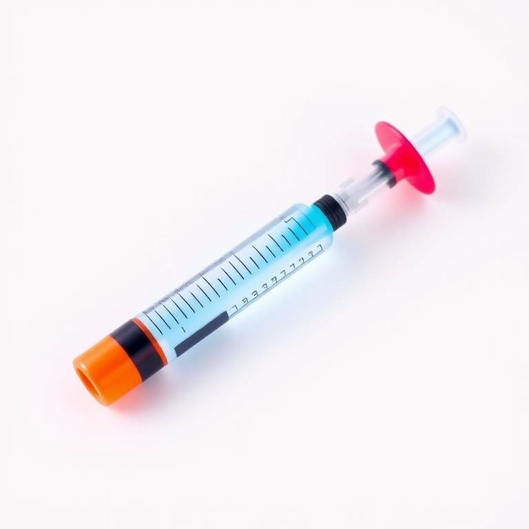 create a vibrant vector illustration of a syringe with a bright blue and red design on a plain white background, shot with a Canon EOS R5 at f/5.6, 50mm lens, ISO 100, natural lighting, focus on the syringe with a shallow depth of field for clarity and detail