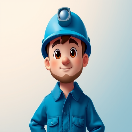 Create a digital illustration of a cartoon character resembling a miner, wearing a blue jumpsuit and a helmet with a light, standing against a gradient background in soft pastel colors, captured with a Canon EOS R5 at f/8, ISO 100, 50mm lens, in portrait mode.