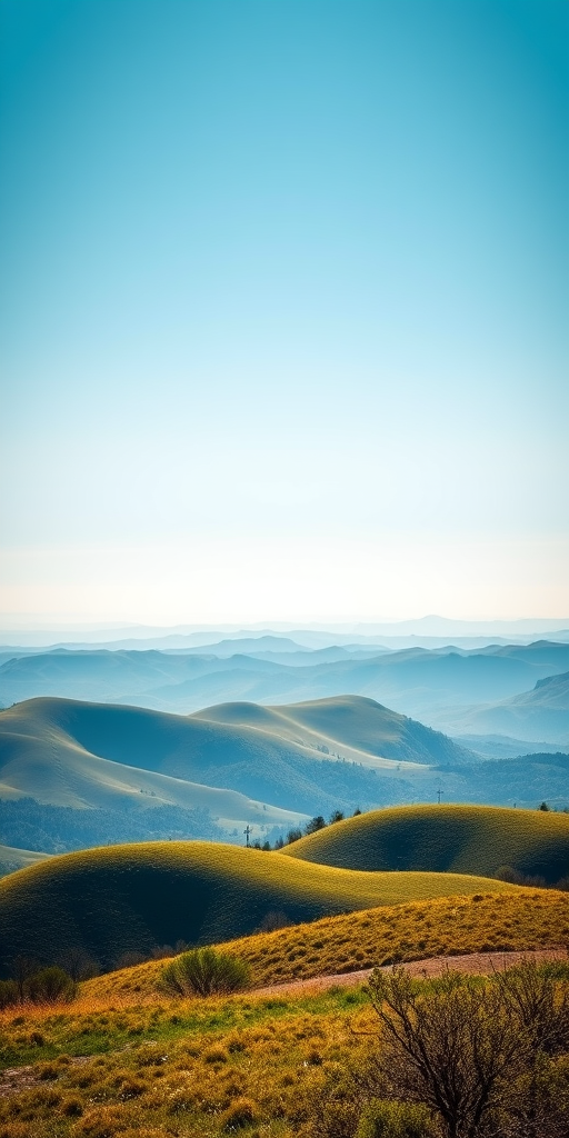 Create a high-resolution image of a serene landscape featuring rolling hills and a clear blue sky, captured with a Canon EOS 5D Mark IV at f/8, ISO 100, 1/200s, in a wide-angle view.