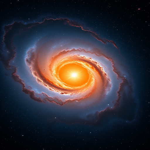 Generate an image of a vibrant orange star at the center of a swirling galaxy with deep blue and shimmering red nebulae, ultra-high definition, 50mm lens, f/2.8 aperture, ISO 100, shot from a wide-angle perspective, DSLR camera.
