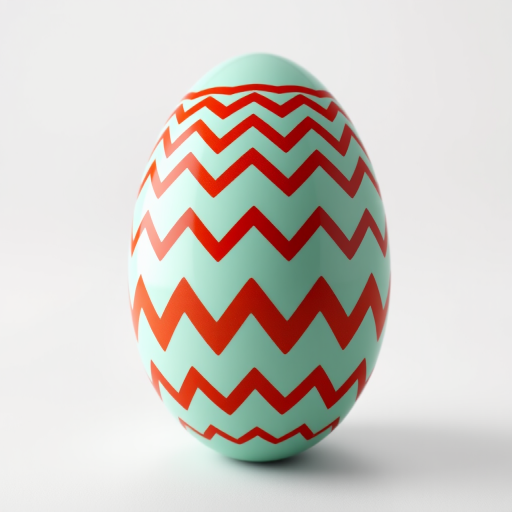 Create a high-resolution 3D rendering of a stylized egg with a smooth, glossy finish, featuring a mint green and rusty red color scheme with zigzag patterns, using a Canon EOS R5 camera, 50mm lens, f/2.8 aperture, ISO 100, with a softbox light setup for even illumination and a slight tilt-up angle for dynamic perspective.