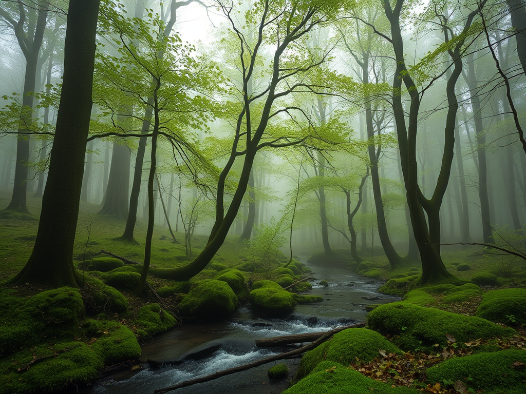 generate a serene forest landscape with mist, lush green trees, and a gentle stream, captured with a Canon EOS R5, 24mm lens, f/2.8 aperture, ISO 100, 1/250 sec exposure, using a macro photographic style for enhanced image quality and detail