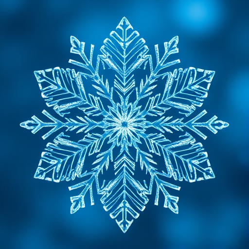 Generate a high-resolution snowflake illustration with intricate details in icy blue hues, using a DSLR camera with a 50mm lens, aperture set to f/2.8, ISO 100, and a wide-angle view to enhance depth and clarity.