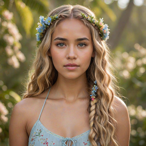 Create an image of a young Pacific Islander woman with long, wavy blonde hair, adorned with small, colorful flowers woven into her braids and loose strands. Her complexion is fair, with soft, glowing skin, and she has light blue eyes that gaze softly at the viewer. She wears a light, flowing dress with a gentle, ethereal quality, complementing her delicate and serene appearance. The background is slightly blurred, drawing focus to her tranquil expression and the intricate details of the flowers in her hair. The overall mood of the image is one of natural beauty and grace, evoking a sense of peacefulness and connection with nature.