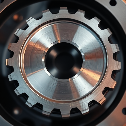 Create a high-resolution image of a metallic gear with a shiny surface, using a DSLR camera at f/8 aperture, ISO 100, 50mm lens, in a soft-focus background, with dramatic lighting to emphasize the 3D effect.