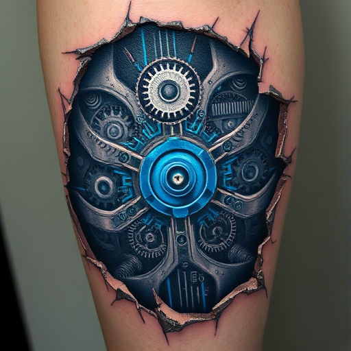 Biomechanical tattoo revealing intricate mechanical gears and circuits beneath torn skin, incorporating shades of metallic gray and electric blue, titled "Cybernetic Unveiling"