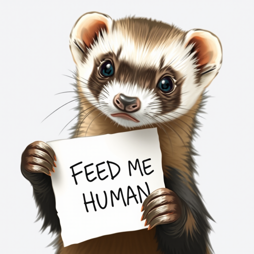 Ferret holding a note which says "FEED ME HUMAN"