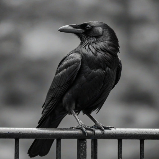 a close-up of a raven perched on a railing, showcasing its glossy black feathers and sharp beak, in black and white photography with a blurred background.