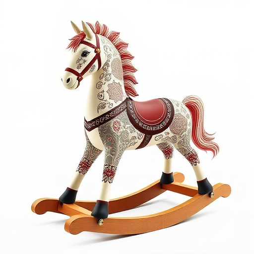 Create a high-resolution vector illustration of a stylized rocking horse with intricate patterns, using a DSLR camera with a 50mm lens, aperture set to f/2.8 for a shallow depth of field, capturing the image from a straight-on angle with soft lighting to enhance colors and textures.