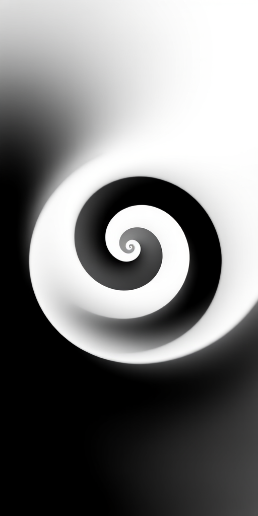 Create an abstract black and white illustration of a spiral shape with a smooth gradient transition.