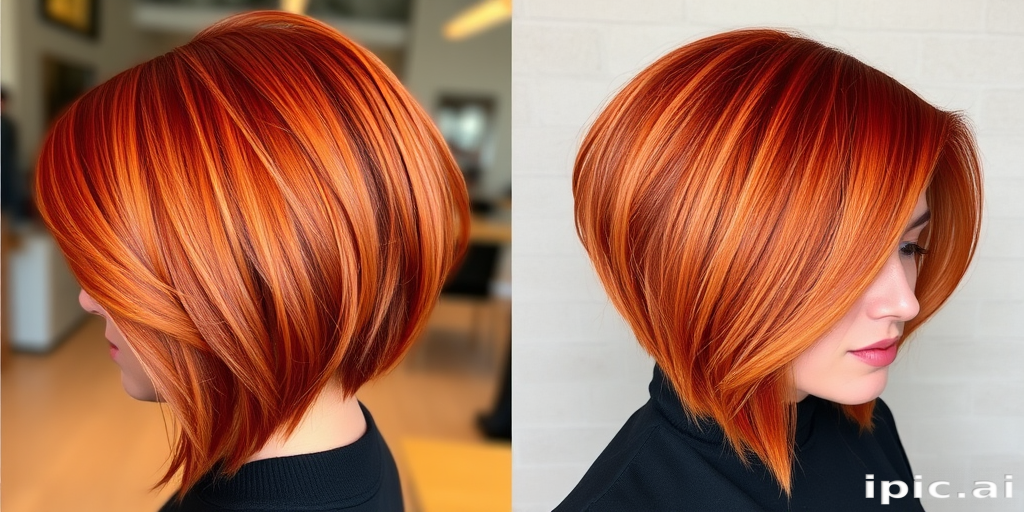 Fiery copper-red locks styled in a sleek, asymmetrical bob with razor-sharp edges and a dramatic side-swept fringe comprise the bold "Phoenix Flame" haircut, featuring subtle balayage highlights in shades of burnished gold and warm amber that create depth and dimension, evoking the image of smoldering embers and rising flames