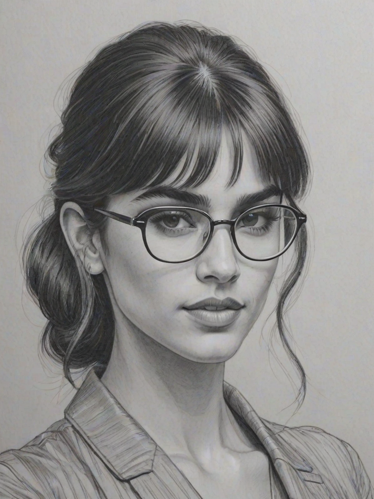 Resplendent Sofia Boutella, pencil sketch, portrait of Resplendent woman 1961s in glasses, hair style beatnik, outline, clear lines, fine lines, 8k