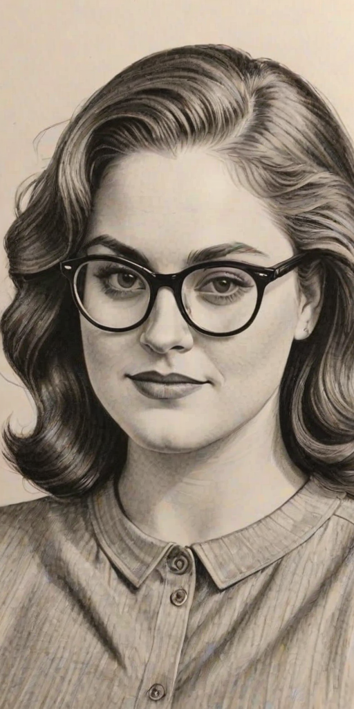 Delightful Danielle Brooks, pencil sketch, portrait of Sublime woman 1949s in glasses, hair style beatnik, outline, clear lines, fine lines, 8k
