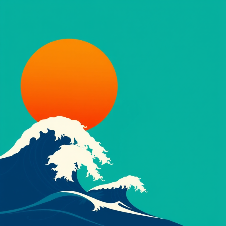 Create a minimalist illustration of two abstract face profiles merging with stylized ocean waves and a large orange sun on a teal background, using a digital painting style with high contrast, set in a wide-angle perspective at 24mm focal length, aperture f/8 for depth of field, and vibrant color saturation for enhanced visual impact.