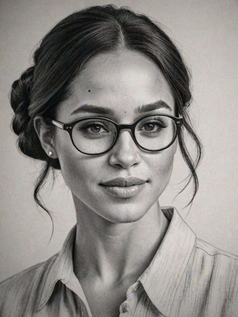 Sublime Meghan Markle, pencil sketch, portrait of Dazzling woman 1924s in glasses, hair style beatnik, outline, clear lines, fine lines, 8k