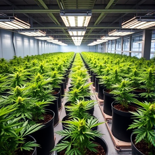 Indoor cannabis cultivation facility with rows of green plants in black pots under bright grow lights, captured using a DSLR camera with a 35mm lens, f/2.8 aperture, ISO 400, 1/60s shutter speed, wide-angle view to enhance depth, and soft focus background.