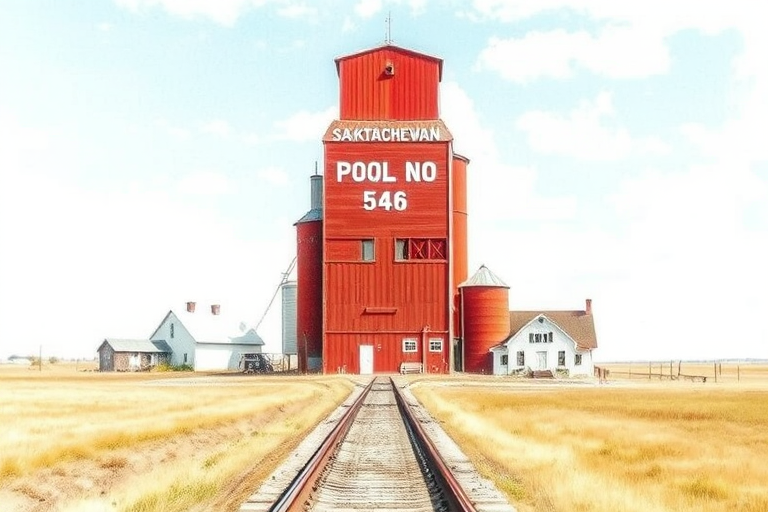 create a watercolor landscape of a red grain elevator with "SASKATCHEWAN POOL NO 546 SCOTTSBURGH" written on it, surrounded by a flat prairie landscape, with an old white farmhouse nearby and a railway track leading to the elevator, shot with a Canon EOS R5 at f/8, 1/125 sec, ISO 200, using a 50mm lens from a low angle for a dramatic effect, focusing on the elevator and creating a soft depth of field.