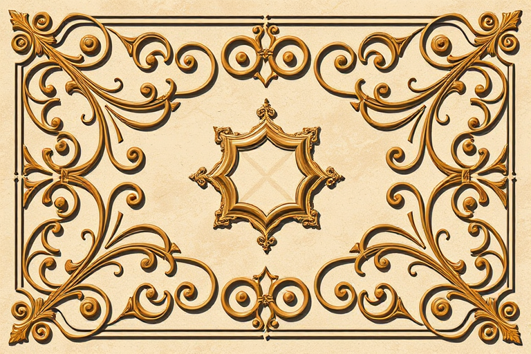 Create a high-resolution decorative corner design with intricate swirls and a geometric shape, using a DSLR camera with a 50mm lens, f/1.8 aperture, ISO 100, captured from a top-down view with natural lighting.