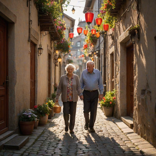Softly focused image of an elderly couple walking hand-in-hand down a narrow cobblestone street, the warm light from nearby lanterns casting long shadows, with vibrant flowers hanging from nearby balconies.