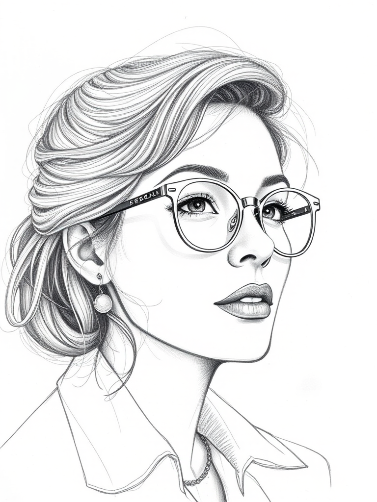 Beautiful Toni Collette, pencil sketch, portrait of beautiful woman 60s in glasses, hair style beatnik, outline, clear lines, fine lines, 8k