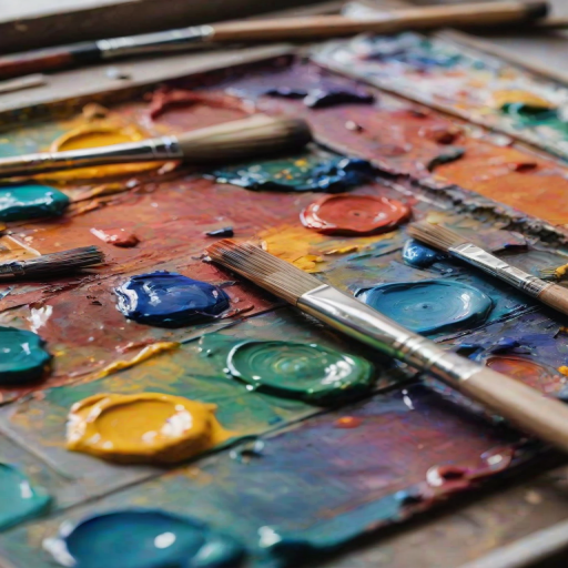 Close-up of a colorful art palette smeared with vibrant oil paints, soft light reflecting off the glossy textures, with brushes and a canvas blurred in the background.