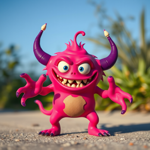 Create a vibrant cartoon monster character with exaggerated features in a dynamic pose, using bright pink and purple colors, with a glossy finish, captured in a 35mm lens, f/8 aperture, ISO 100, natural lighting, in a playful and whimsical style.