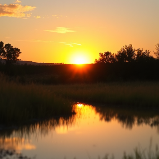 Create a high-resolution image of a serene landscape at sunset with vibrant colors, using a DSLR camera with a 50mm lens, aperture set to f/1.8, ISO 100, and a low-angle view to capture the golden hour glow and reflections.