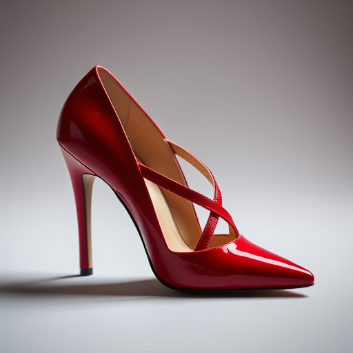 a sleek red high-heeled shoe with a pointed toe and crisscross straps, studio lighting, focus on shoe details, shallow depth of field, taken with a DSLR camera at f/2.8, ISO 100, 50mm lens, soft gradient background
