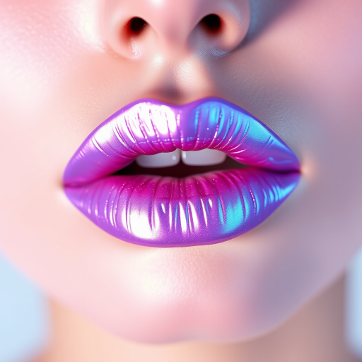 Ethereal Holographic Lilac lip style presenting a prismatic shine, iridescent finish, and buildable coverage, ideal for avant-garde and futuristic makeup concepts