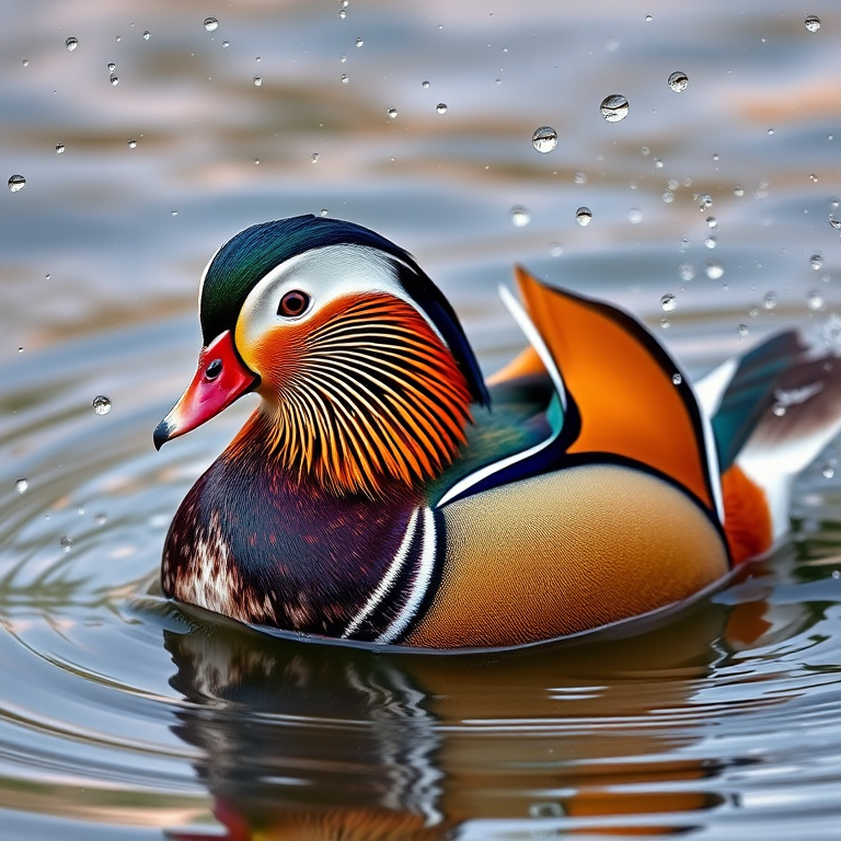 Capture a high-resolution image of a mandarin duck splashing in water with droplets flying around, using a DSLR camera, 300mm lens, f/2.8 aperture, 1/1000 sec shutter speed, and ISO 400 for optimal clarity and detail.
