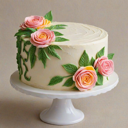 Create an image of a beautifully decorated cake featuring intricate floral designs made from buttercream frosting. The cake should be round and multi-tiered, adorned with pink roses, yellow flowers, and green leaves. The overall appearance should be vibrant and visually appealing, set against a simple white background.