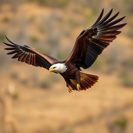 A majestic eagle in mid-flight with wings spread wide, sharp focus, soft background, 50mm lens, f/8 aperture, ISO 200, shot from a low angle to emphasize height and grandeur, natural lighting for enhanced colors.