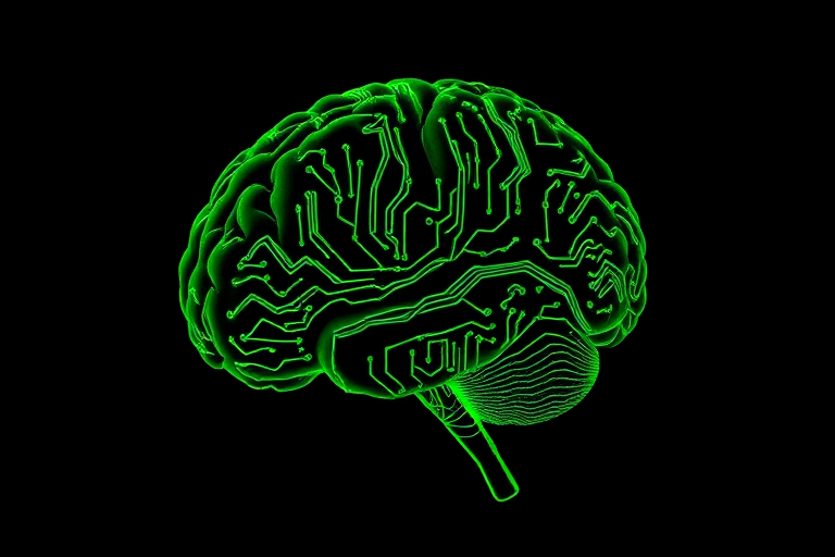 Create an image of a human brain filled with intricate green circuit patterns, set against a black background, captured with a DSLR camera at f/2.8, ISO 100, 50mm lens, using a side view perspective and soft lighting to enhance details and depth.