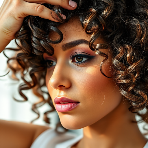 Close-up of a woman with curly hair being styled, natural light, 50mm lens, f/1.8 aperture, ISO 200, captured with a DSLR camera in portrait mode.