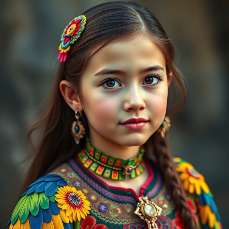 A beautiful Eurasian girl, wearing colorful bird clothing with vibrant colors