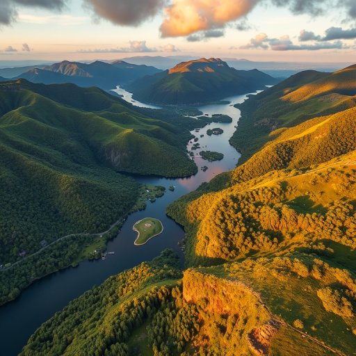 Generate a high-resolution aerial landscape image of a lush green mountainous region with a meandering river and scattered islands, captured with a drone using a wide-angle lens at 24mm, f/8 aperture, ISO 100, shutter speed 1/250s, during golden hour lighting for enhanced vibrancy and detail.