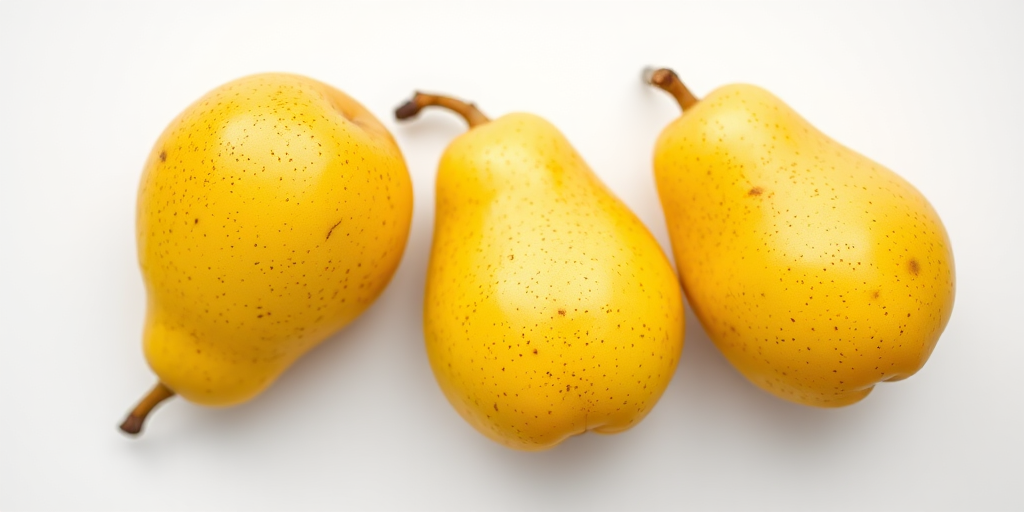 three ripe yellow pears on a clean white background, shallow depth of field, top-down view, 50mm lens, f/2.8 aperture, ISO 200, natural lighting, DSLR camera