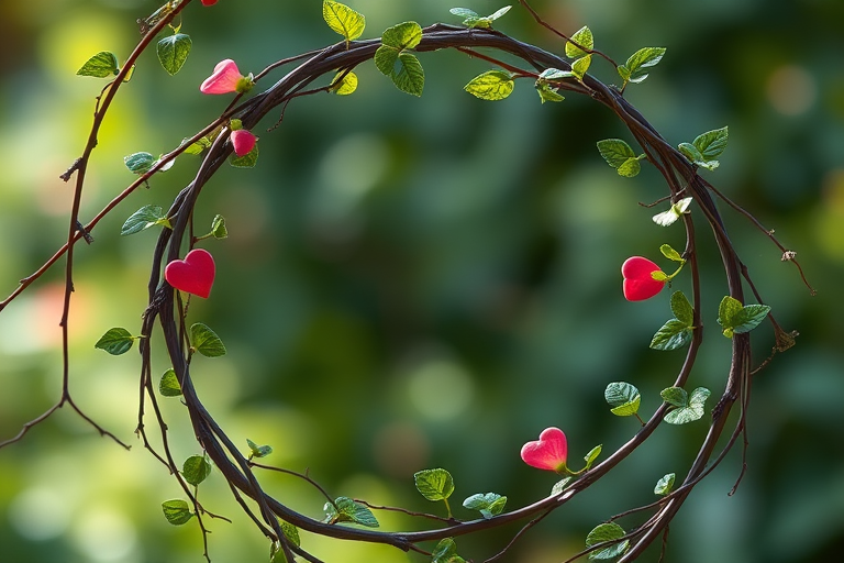 Create a circular frame with intertwined vines and small hearts, using a DSLR camera with a 50mm lens, aperture set to f/1.8, ISO 100, and a shallow depth of field for a soft background effect, captured in natural lighting.