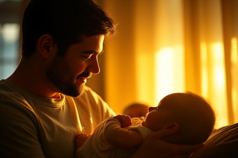 Create a serene and warm scene of a family of three, a man and a woman gazing lovingly at their baby, with soft golden lights and gentle shadows, captured in a low light setting, using a DSLR camera at f/2.8, ISO 400, 50mm lens, with a shallow depth of field to enhance the tender expressions and create a dreamy atmosphere.