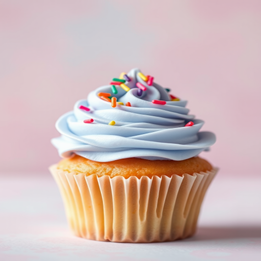 Photograph a delectable cupcake with swirls of pastel blue and lavender frosting topped with colorful sprinkles against a softly blurred pastel background, using a DSLR camera with a 50mm lens, aperture f/1.8, ISO 200, and a shallow depth of field for enhanced focus on the cupcake.