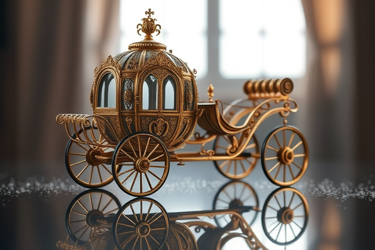 regenerate a vintage royal carriage sitting on a reflective surface with intricate gold detailing and ornate decorations, taken with a DSLR camera at f/2.8, 1/60 sec shutter speed, ISO 100, in a studio setting with soft diffused lighting to enhance the textures and colors