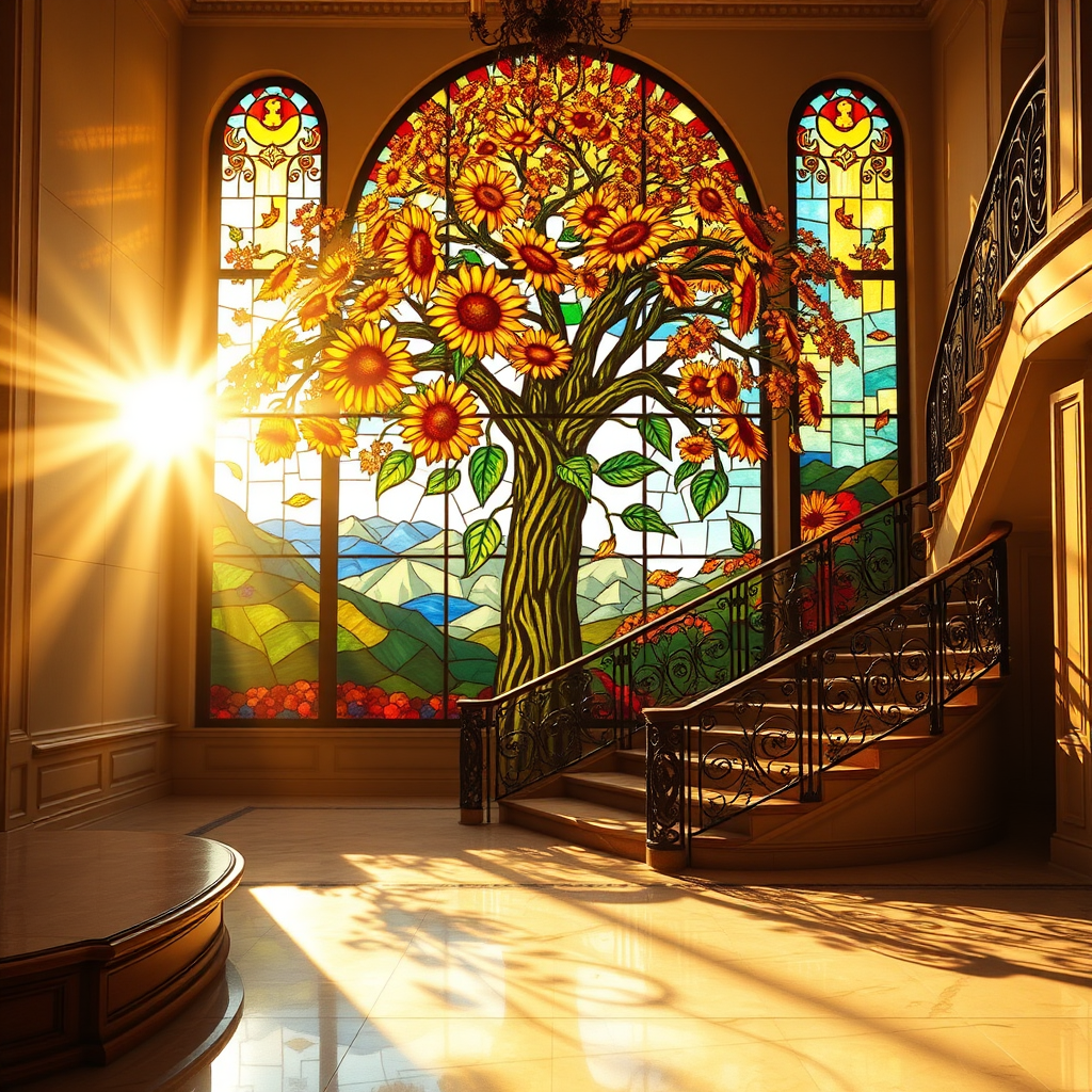 A stained glass window featuring a large, vibrant tree with blooming sunflowers as its focal point. The sunlight passes through the glass, casting multicolored shadows across the floor and a grand, curved staircase with ornate iron railings. The overall ambiance is warm, with golden sunlight enhancing the vivid colors of the stained glass, creating a serene and artistic atmosphere in a spacious room with polished marble floors. The scene is elegant and peaceful, with a blend of nature and architectural beauty.