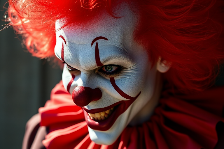 Create a highly detailed portrait of a sinister clown with a white face, exaggerated features, and bright red hair, captured with a Canon EOS 5D Mark IV, 85mm lens, f/1.8 aperture, ISO 100, in natural lighting to enhance shadows and depth.