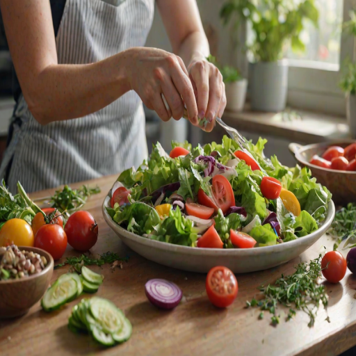 Close-up of a woman’s hands preparing a fresh salad, surrounded by colorful vegetables and herbs, with sunlight streaming through the kitchen window, creating a healthy and inviting culinary scene.