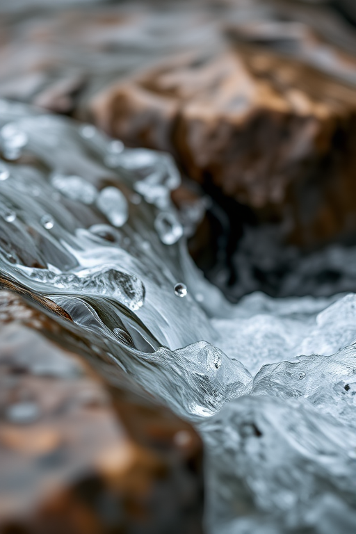 capture a close-up of flowing water over rocks with a shallow depth of field, f/2.8 aperture, 1/250 sec shutter speed, ISO 200, natural light, DSLR camera, macro lens for enhanced detail and texture in the water droplets