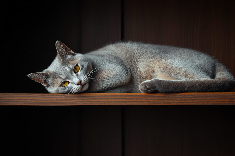 regenerate the image of a gray cat lounging on a wooden shelf, set against a dark background, using a Canon EOS R5, 50mm lens, f/1.8 aperture, ISO 200, 1/125s shutter speed, soft lighting for enhanced details and depth.