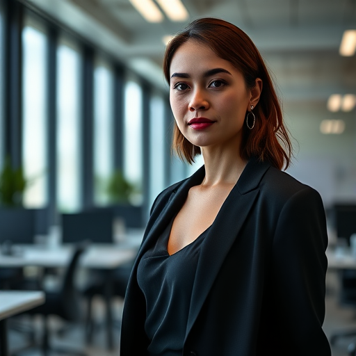 Regenerate the image of a woman in an office setting wearing a black outfit, captured with a Canon EOS R5, 50mm lens, f/1.8 aperture, ISO 100, natural lighting, sharp focus, and a slightly low angle view to emphasize the subject.