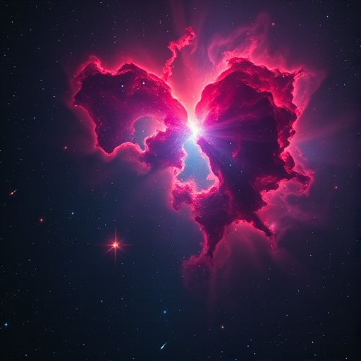 Create a cosmic scene of a heart-shaped nebula in vibrant reds and blues, with fiery comets streaming through a dark space background, using a DSLR camera settings of f/2.8 aperture, ISO 400, 30 seconds exposure, shot from a low angle to enhance depth and detail in a long exposure astrophotography style.